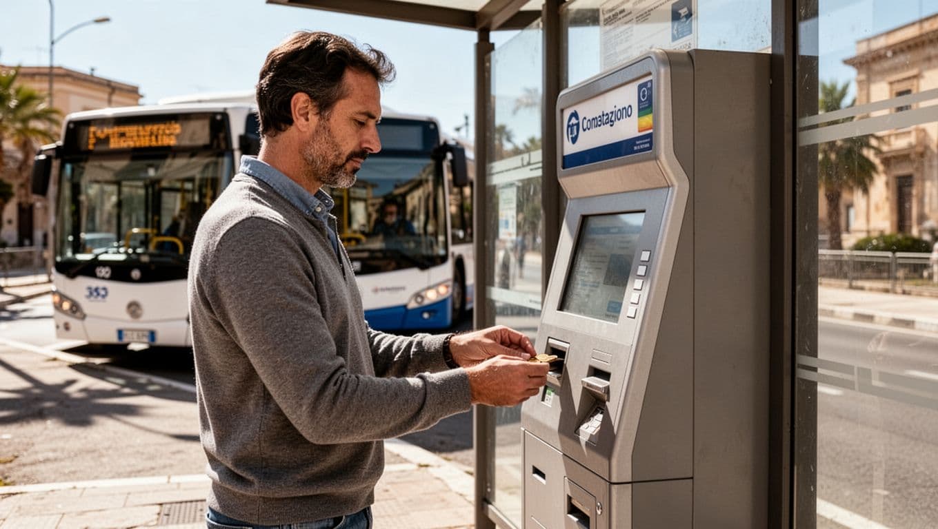 Person buys bus ticket from self-service machine in sunny Sassari shelter, bus in background.