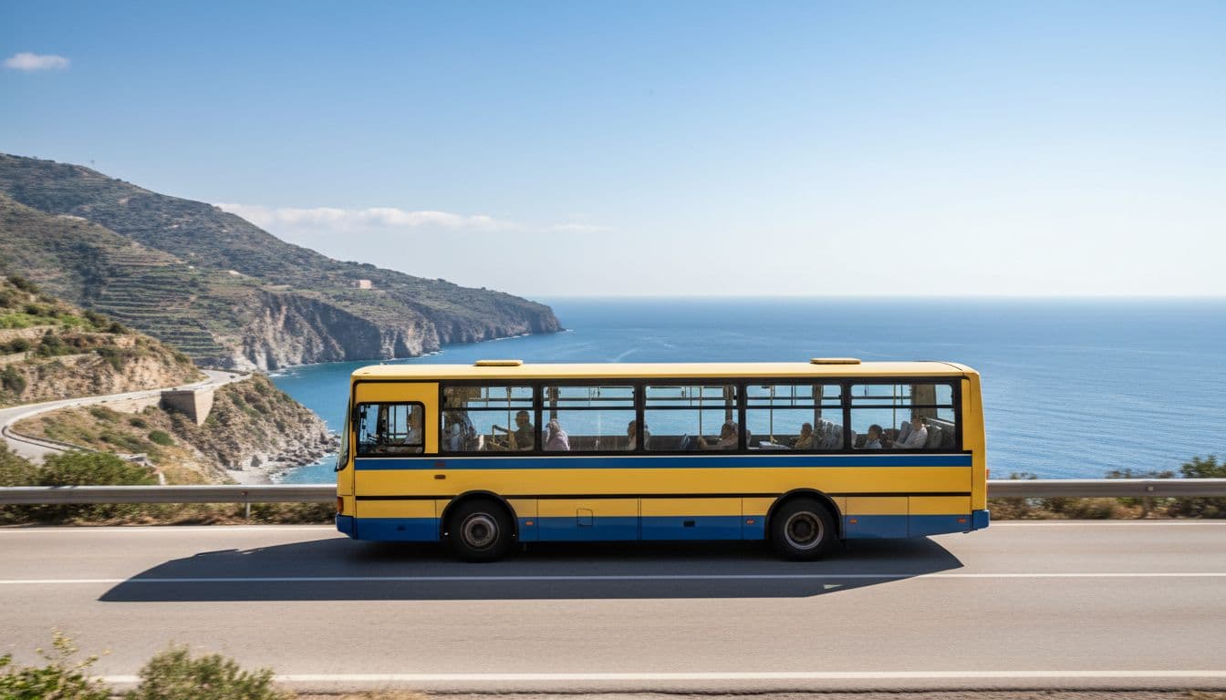Yellow and blue Sicilian bus travels along panoramic coastal road between Trapani and Palermo with sunny sky and sea.