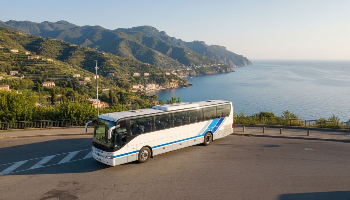 Modern white and blue tourist bus parked at Sorrento's main bus station, with green hills and Amalfi Coast sea view in the background on a bright sunny day, realistic high-resolution photo.