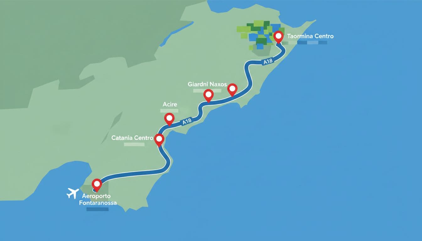 Top-view stylized map of bus route from Taormina to Fontanarossa Airport with red stops on A18 highway in blue and green.