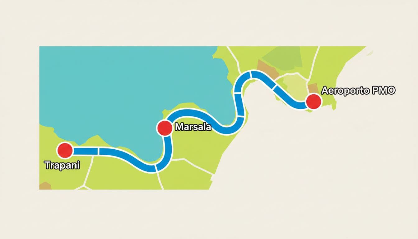 Stylized aerial map of bus route from Trapani via Marsala to Palermo Airport PMO, marked by three points.