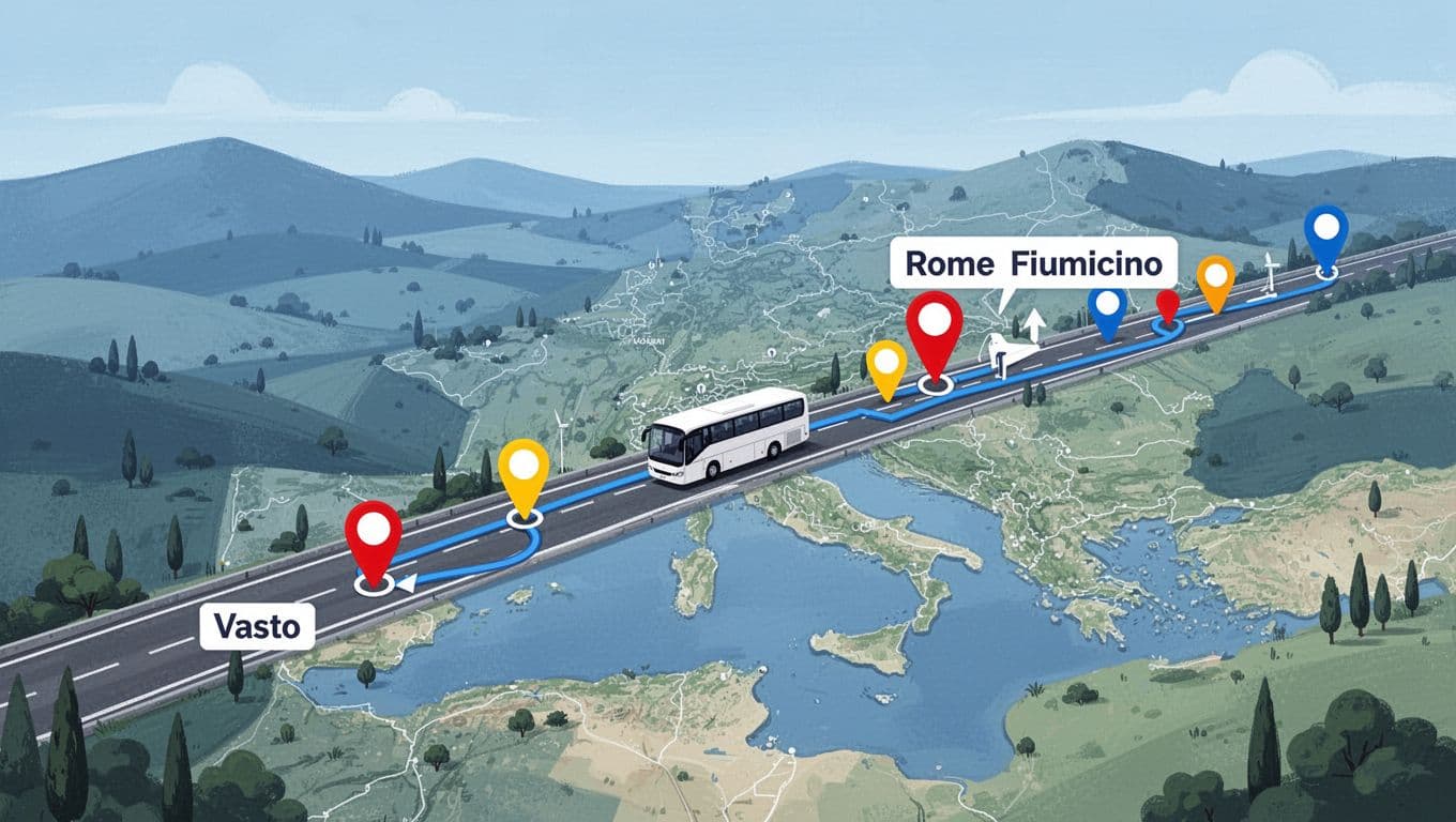 Clean vector illustration of a top-down stylized map showing the bus route from Vasto to Roma Fiumicino with main stops highlighted, featuring a bus icon on the road in blue and green colors, no readable text or extraneous elements.