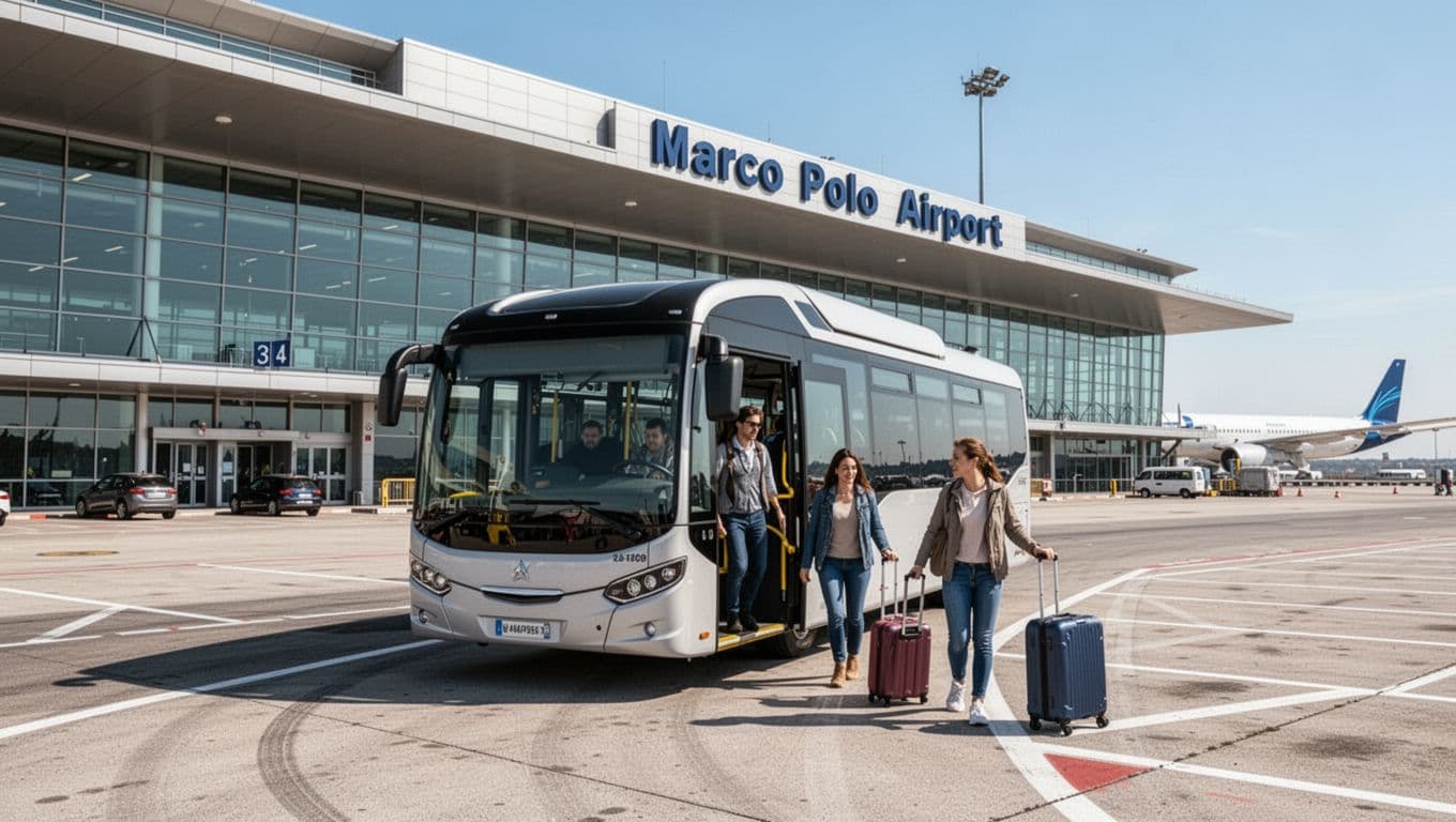 Autobus arriving at the arrivals parking of Venice Marco Polo Airport, modern terminal in background, passengers descending with trolleys, bright day with clear sky and distant airplane, realistic photographic style.