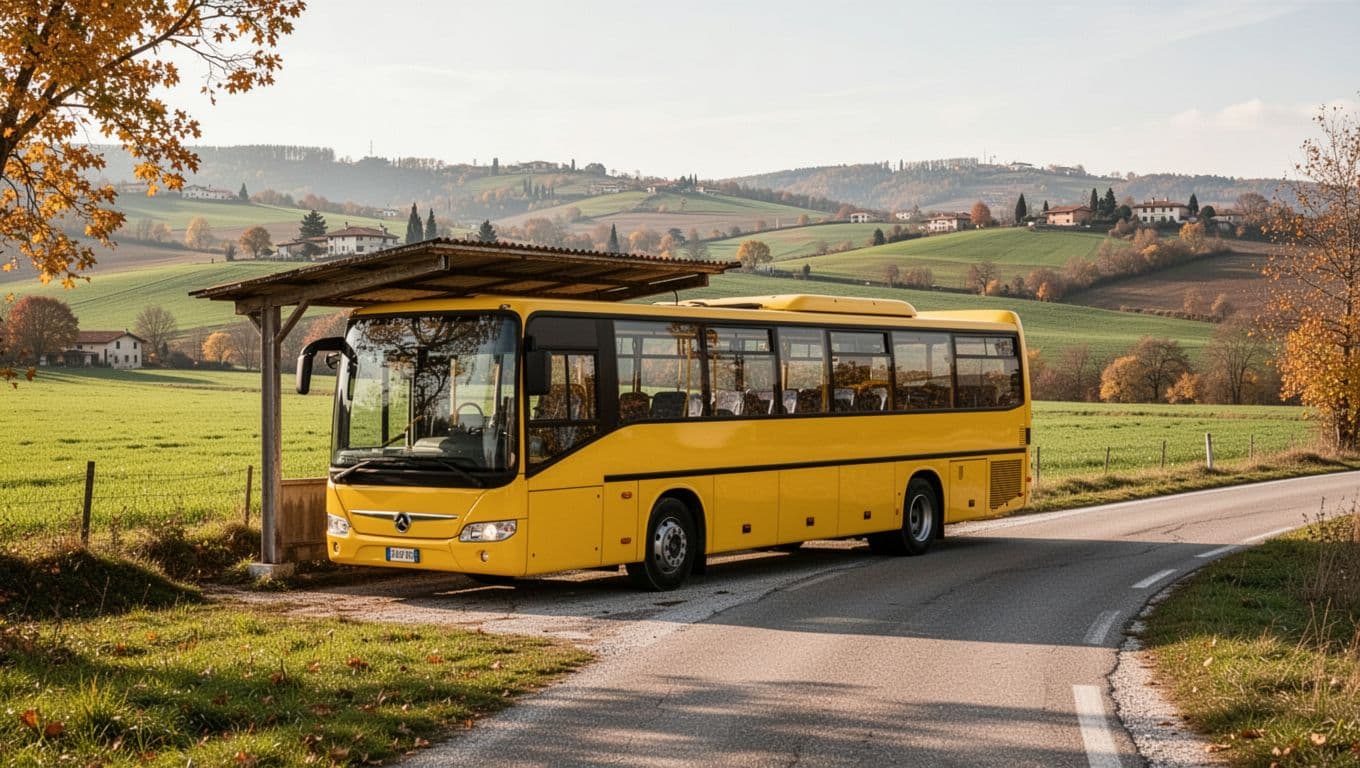 Un autobus giallo di APT Gorizia ferma a una pensilina rurale lungo la SS13 vicino Ronchi dei Legionari, con sfondo di campi verdi e colline friulane in un soleggiato pomeriggio d'autunno.