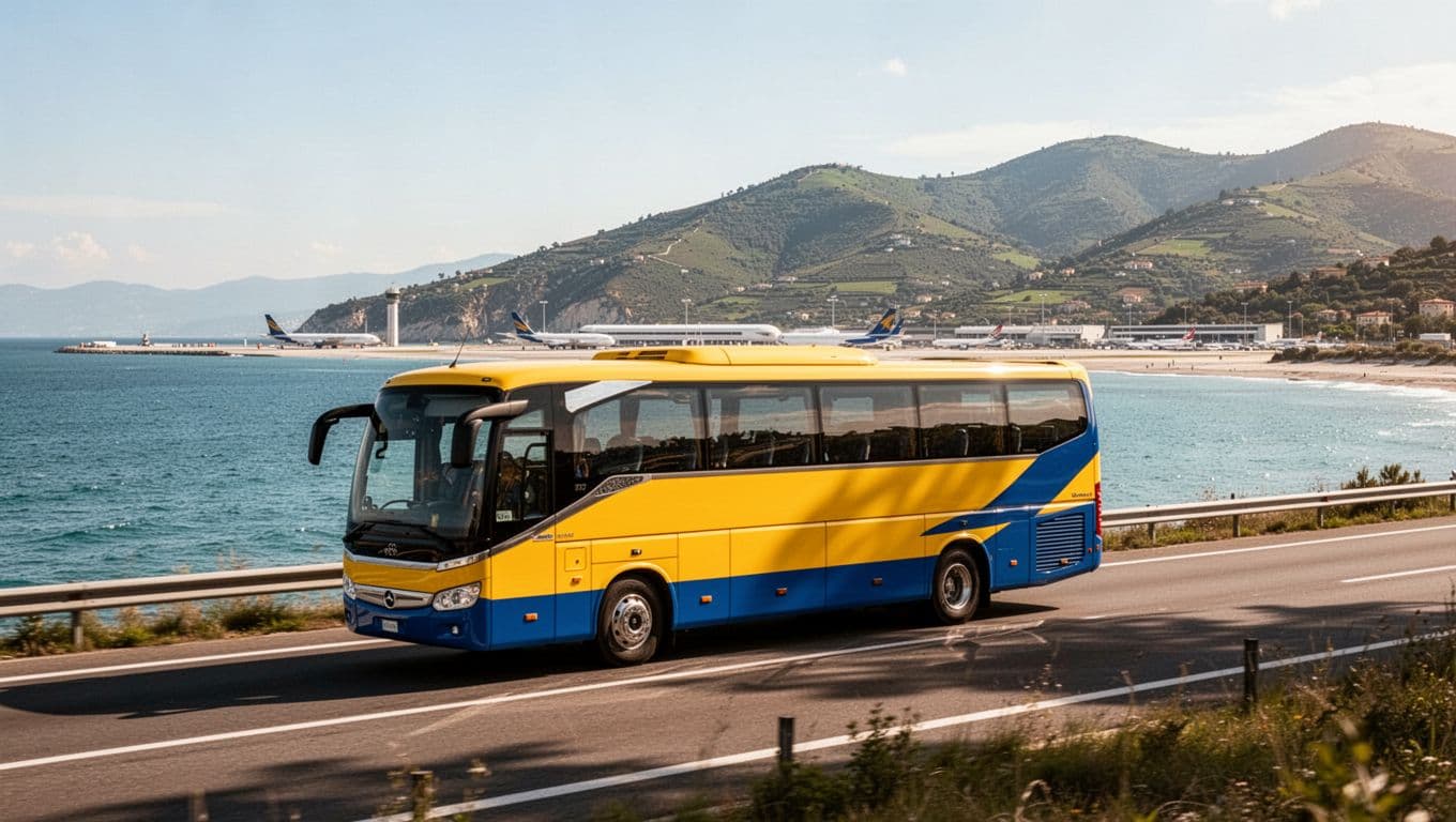 Autobus giallo e blu in autostrada verso l'aeroporto di Roma Fiumicino, con paesaggio abruzzese di mare e colline sullo sfondo, vista laterale dinamica in giornata soleggiata.