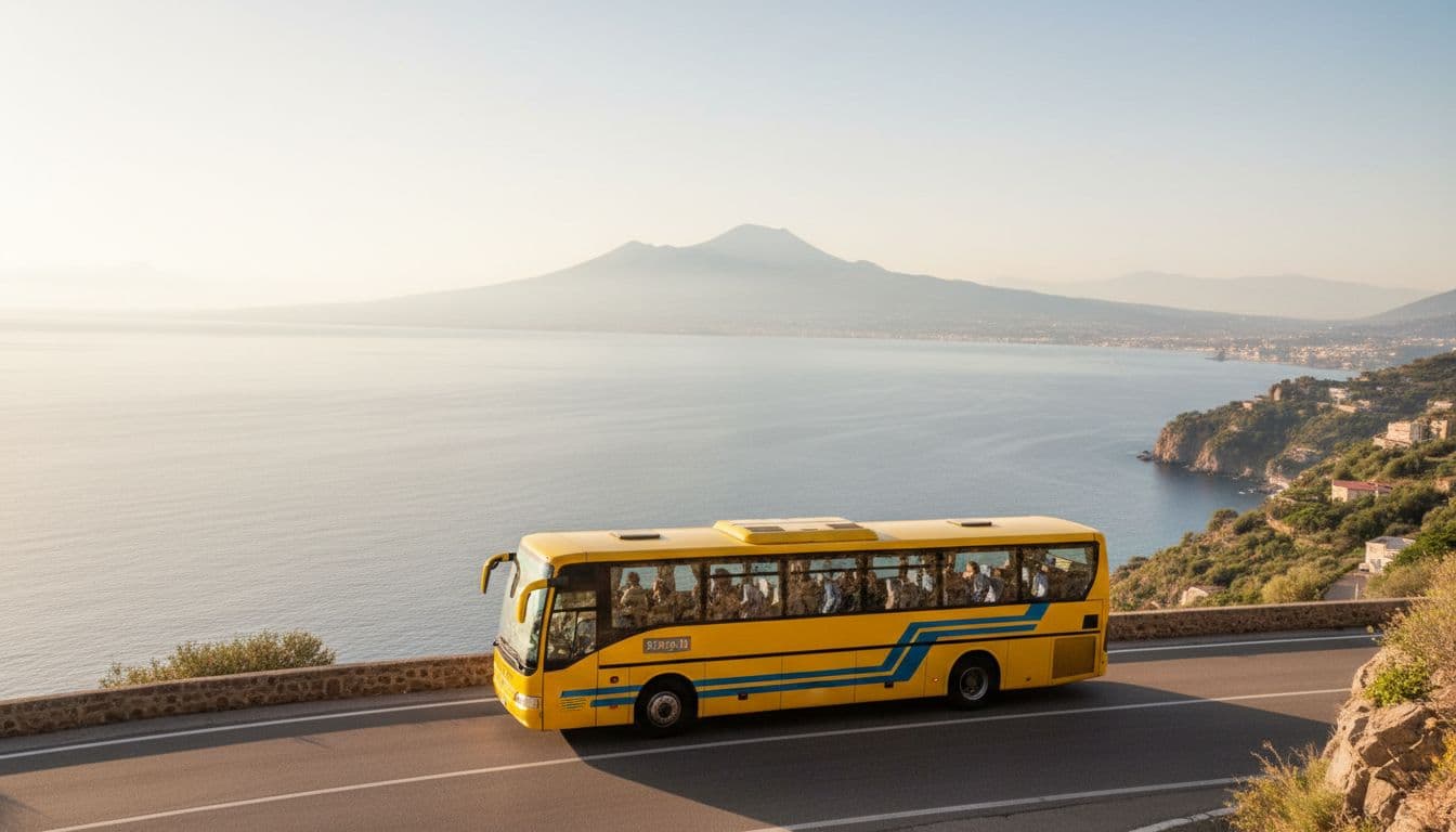 A yellow and blue tourist bus travels along the scenic SS145 coastal road between Sorrento and Naples, with a panoramic view of the Gulf of Naples and distant Vesuvius under sunny afternoon light.