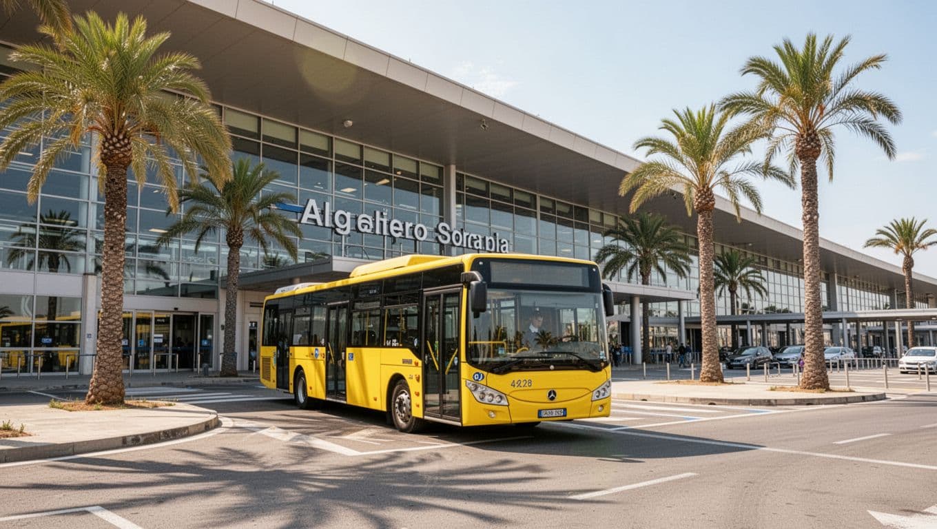 Yellow local bus stopped before Alghero Airport main entrance, modern terminal and palm trees in background on sunny day.