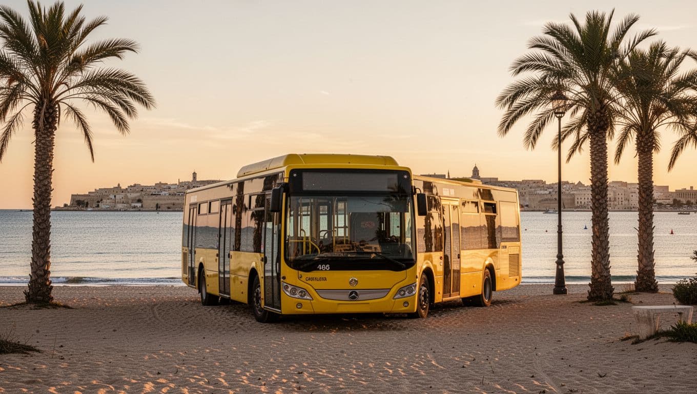 Yellow local bus parked near Salento beach with Gallipoli view, calm sea, palms at sunset.