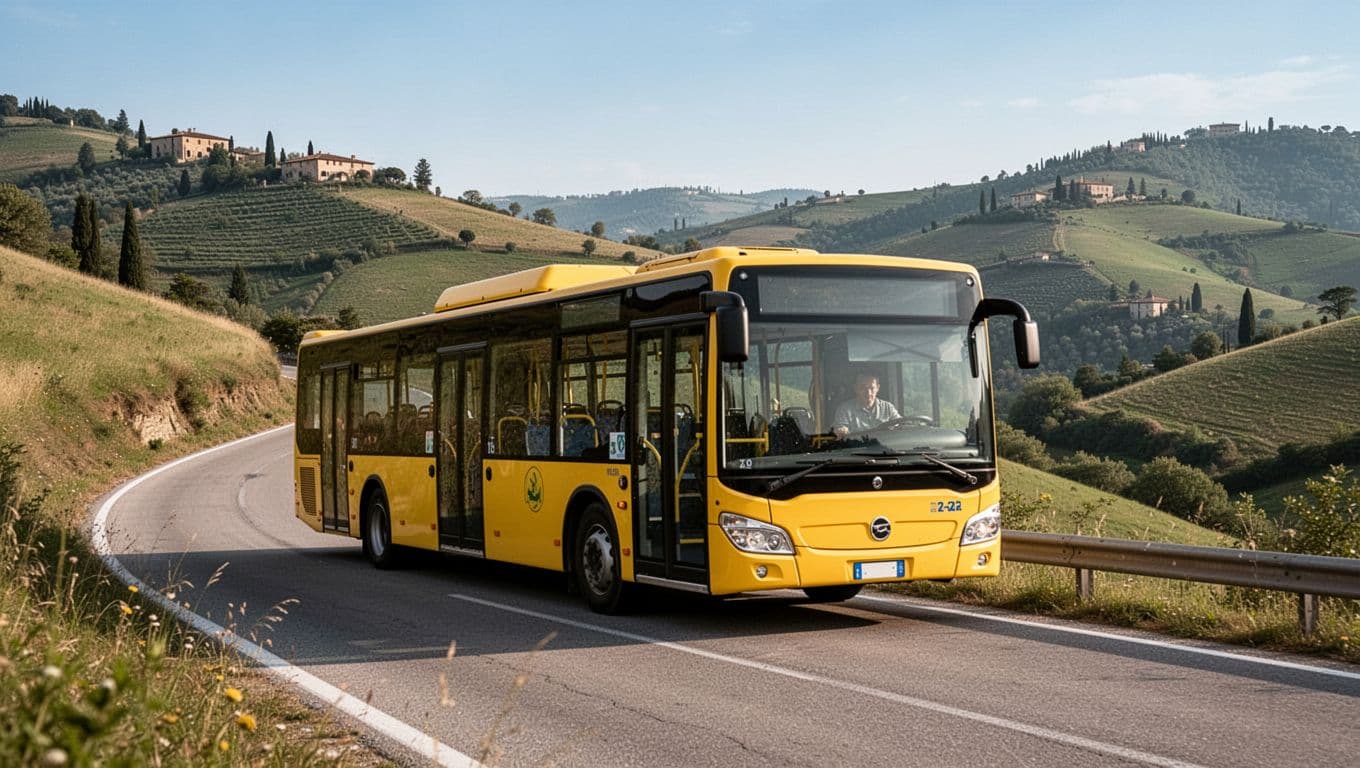 A yellow local Italian bus travels dynamically along a hilly road in Umbria towards Rome, featuring green hills, blue sky, realistic photographic style, natural daylight, side view with no people, text, logos, or brands.