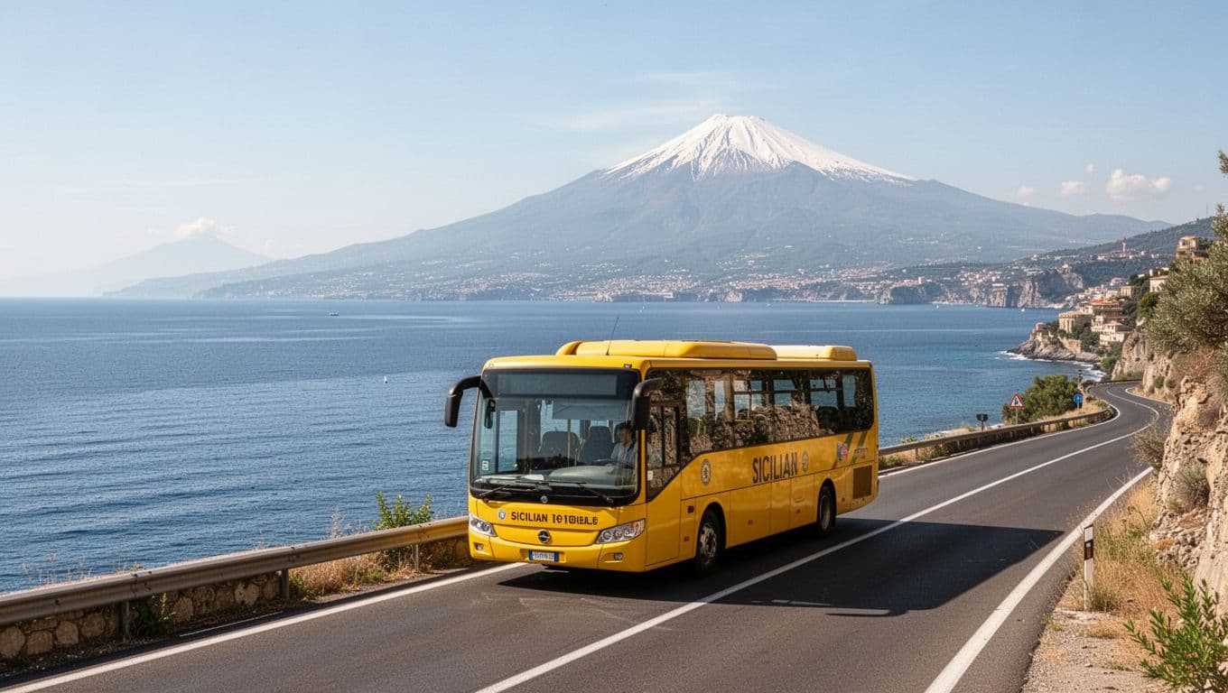 Yellow Sicilian bus travels panoramic coastal road between Taormina and Catania with Ionian Sea and distant Etna.