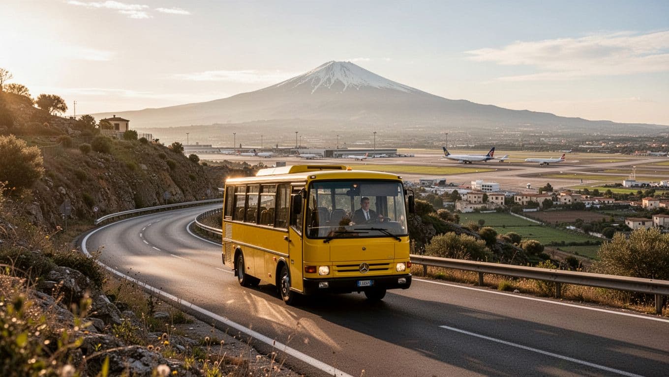 A yellow local Sicilian bus travels a panoramic hilly road toward the airport, Mount Etna in the distant background on a sunny afternoon.