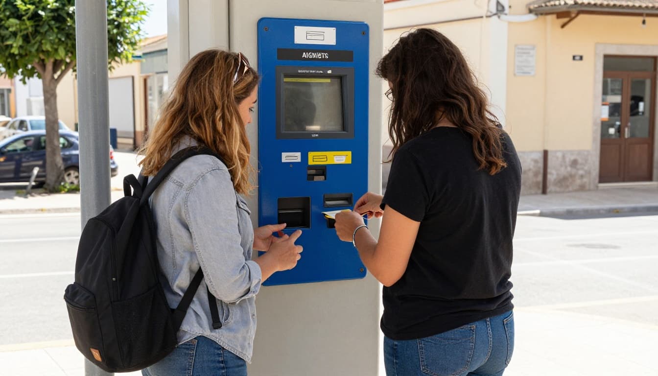 Persona compra biglietto autobus da distributore automatico in stazione esterna soleggiata in Puglia, borsa in mano.