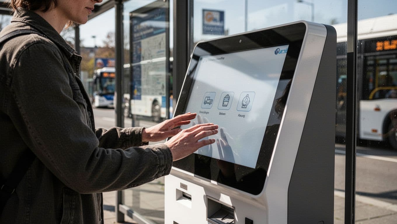 Persona compra biglietto autobus a macchinetta self-service in fermata moderna, mani sul touchscreen.