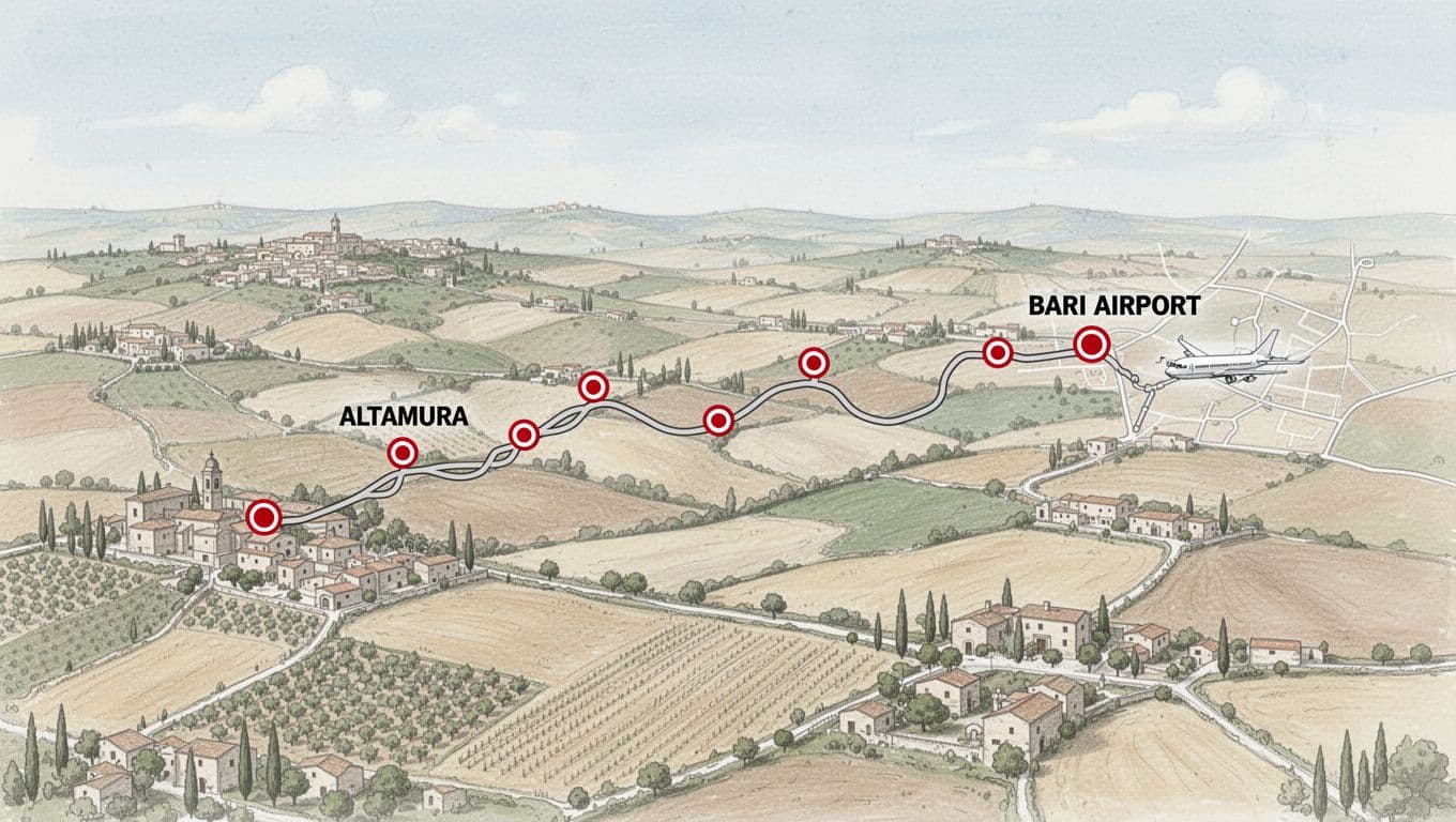 Stylized overhead map of road route from Altamura to Bari Airport with red dots marking stops on Puglian background.