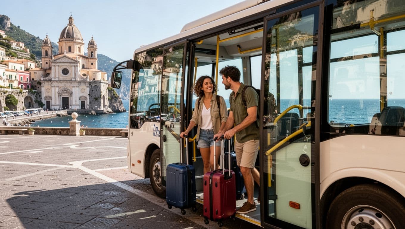 Two passengers with suitcases board a shuttle bus at Amalfi's Piazza Porta Marina Inferiore, with Duomo and sea views on a sunny day.