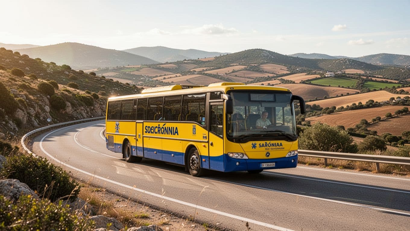 Yellow and blue ARST bus drives along panoramic state road with central Sardinian hills in background under sunny sky.
