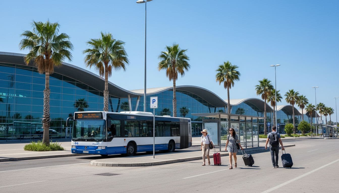Modern arrivals terminal with external bus stop, palm trees, blue sky, one arriving bus, and three passengers with suitcases.
