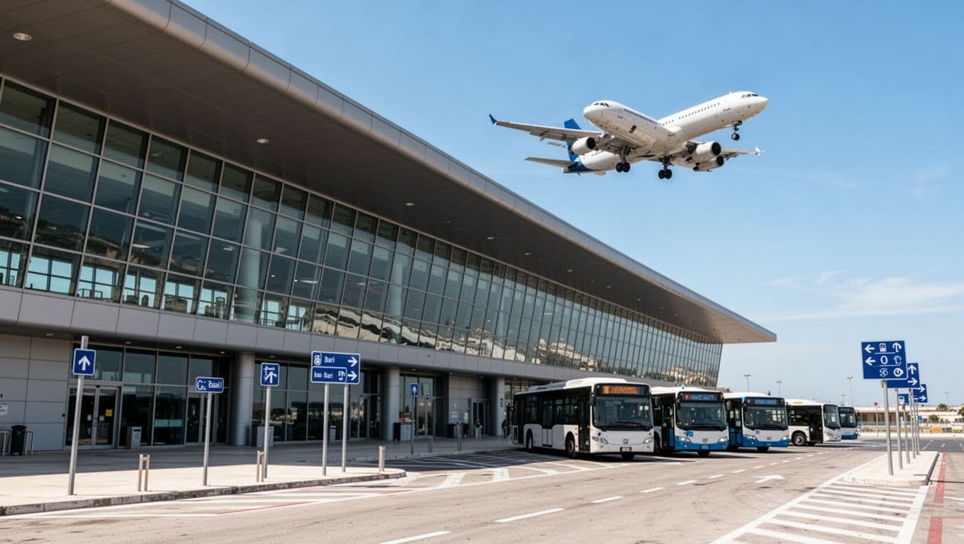 Exterior of Bari Airport with crowded bus parking, direction sign, and plane taking off in background on sunny day.