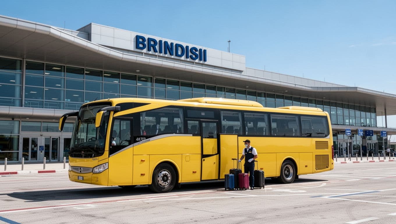 Yellow bus parked in front of modern Brindisi Casale Airport building, baggage handler nearby, blue sky.