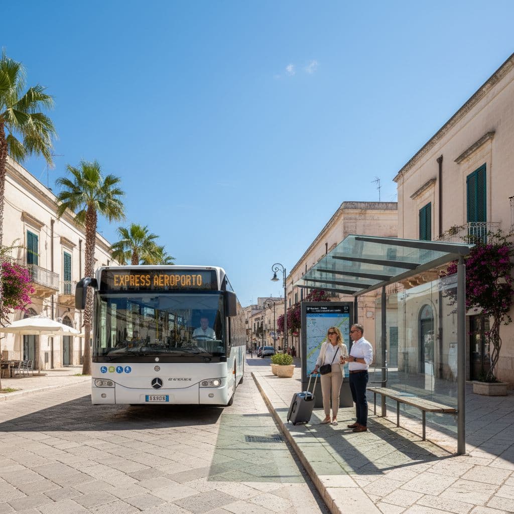 A modern bus waits at a sunlit bus stop in an Italian town under a clear sky.