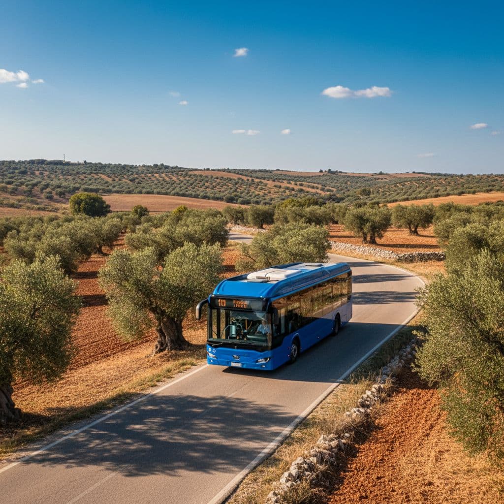 A modern bus travels along a sunny road lined with olive trees in the Italian countryside.