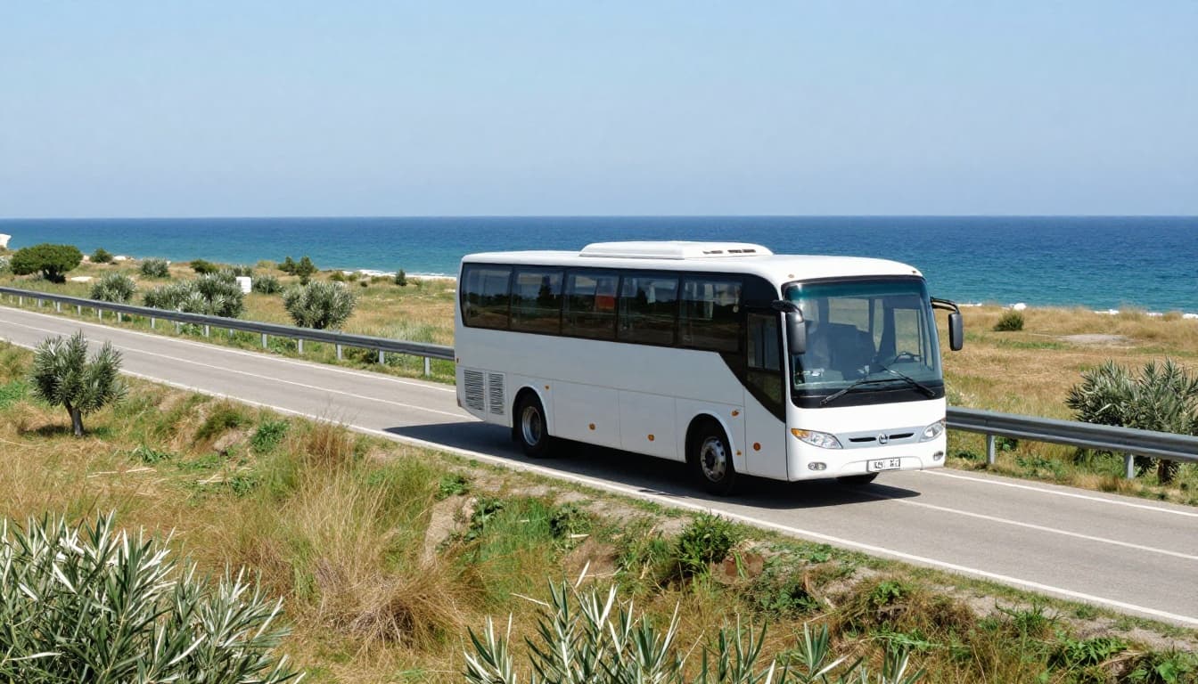 Aerial view of a single bus on Puglia coastal highway toward Bari Airport, blue sea and olive groves visible.