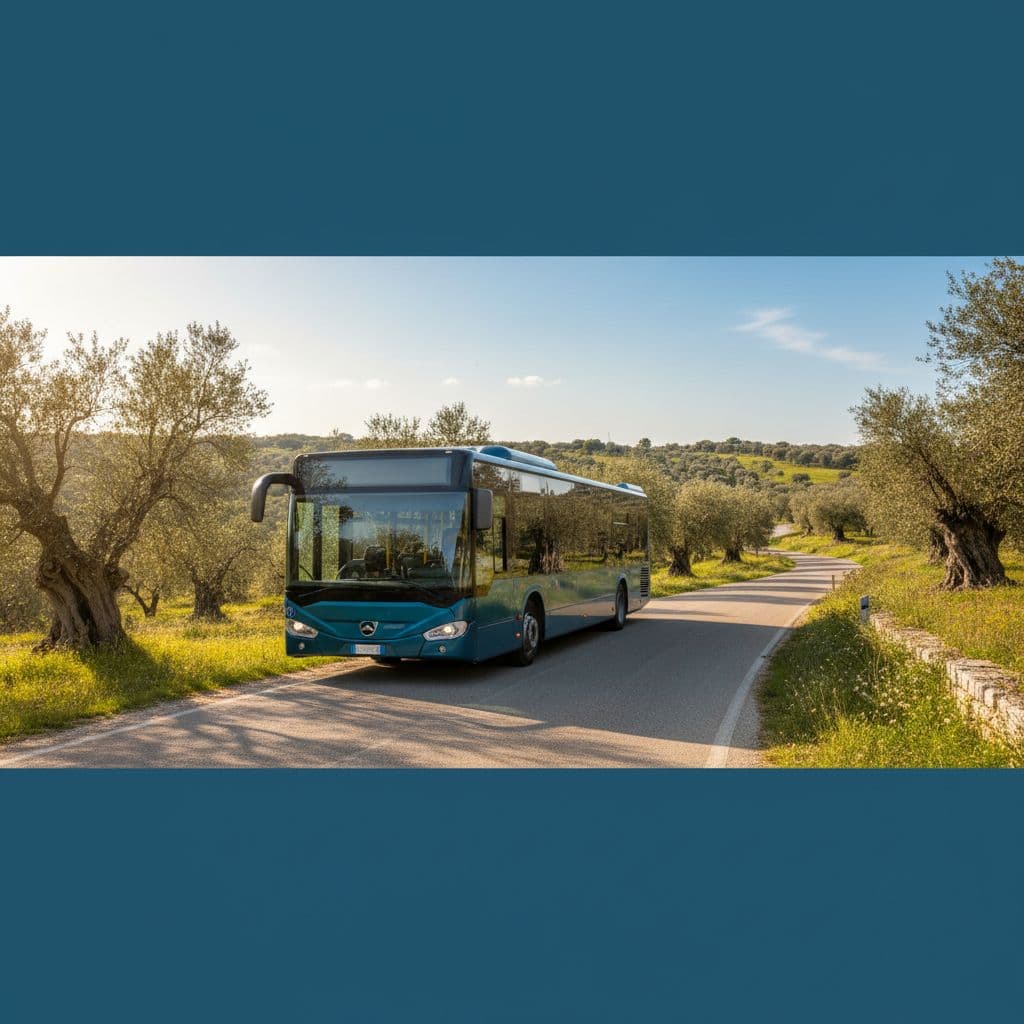 A modern bus parked on a sunlit road in Puglia with olive trees in the background.
