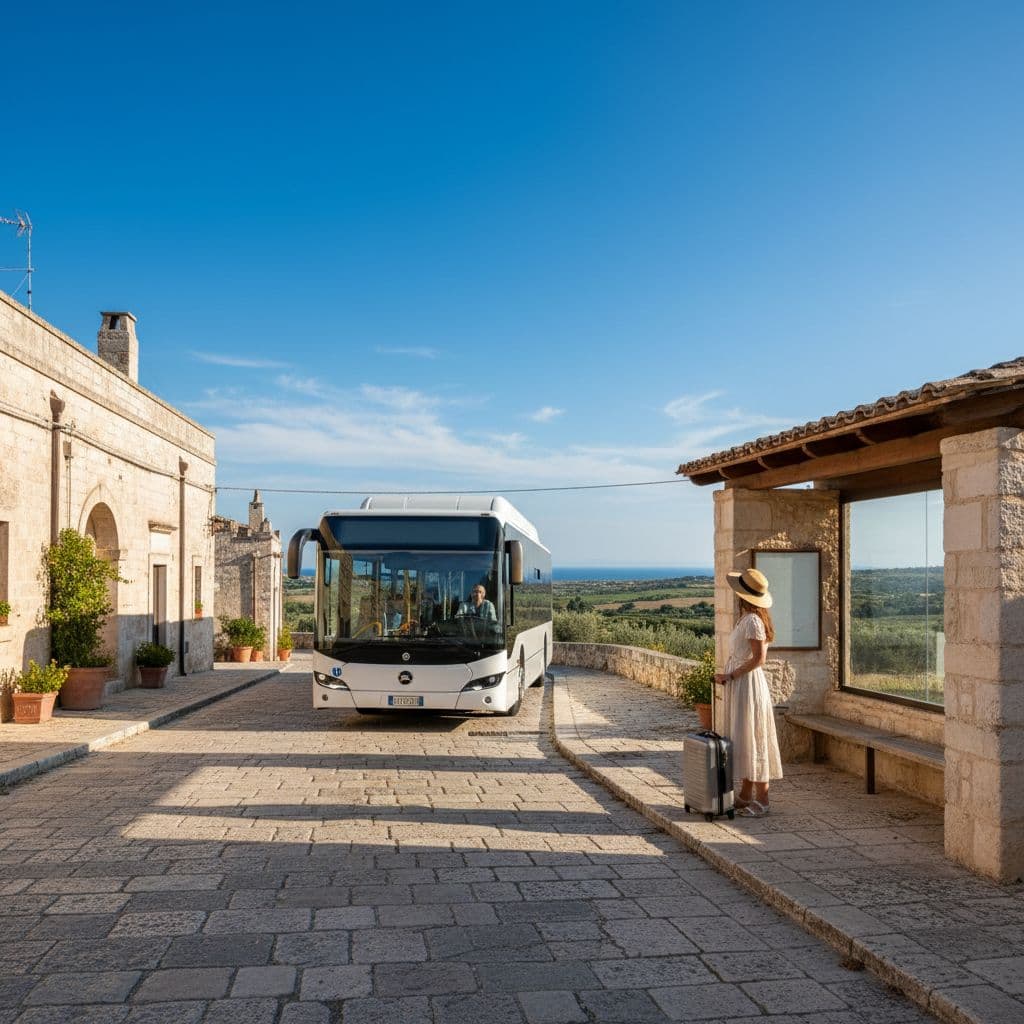 A sleek bus pulls up to a stop beside historic limestone buildings in a sun-drenched Italian village. A traveler stands on the pavement with a suitcase waiting to board.