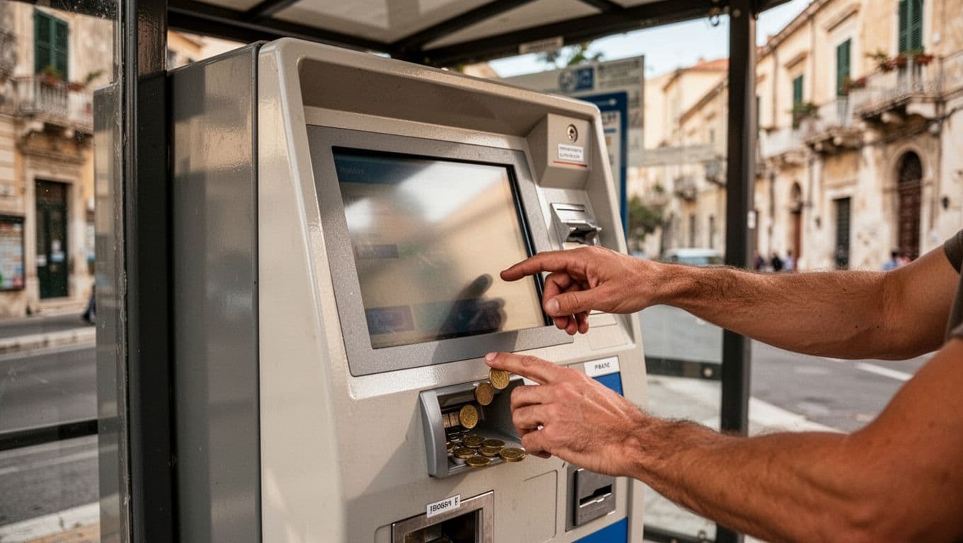 Bus ticket vending machine in covered shelter with inserted coins and two hands on blurred touch screen.