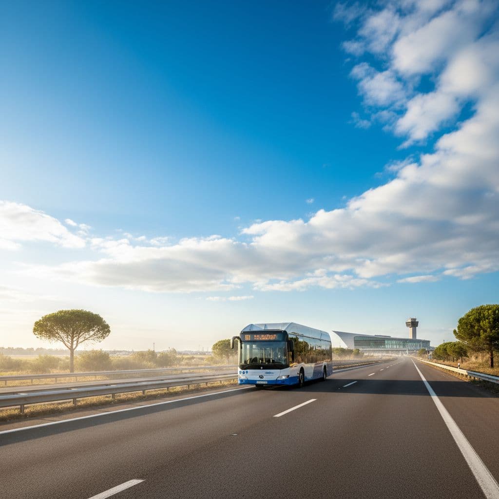 A sleek coach travels along a sunny highway under an expansive clear blue sky. In the far distance, the modern architectural silhouette of an airport terminal emerges through the bright light.