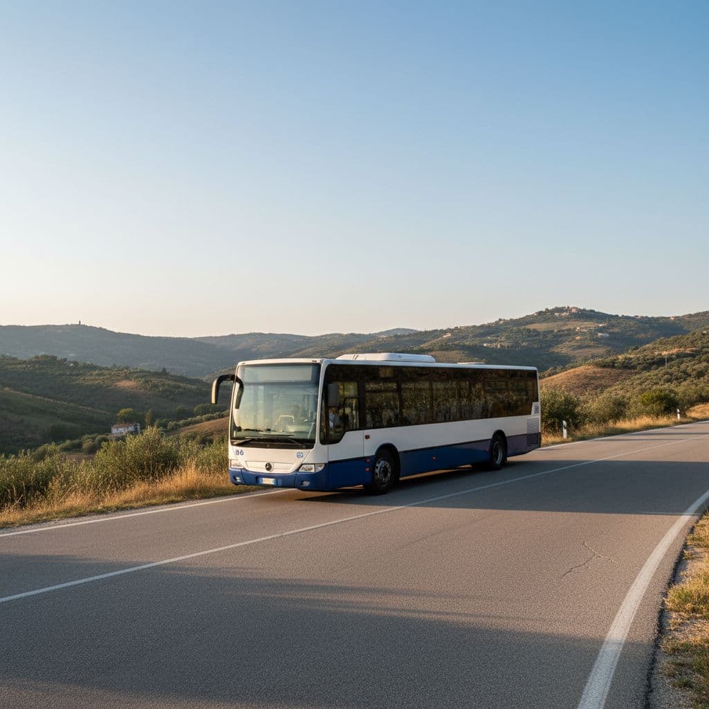 White and blue interurban bus stopped on asphalt road in Calabria's hilly terrain during daylight.