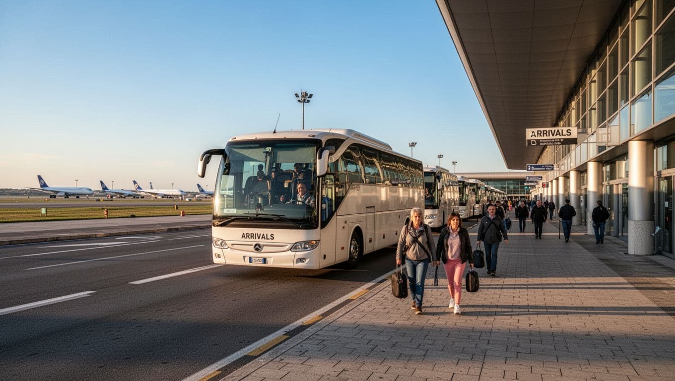 Tourist bus arrives at Fiumicino Airport arrivals bus parking, few passengers descending, planes in distance under blue sky.
