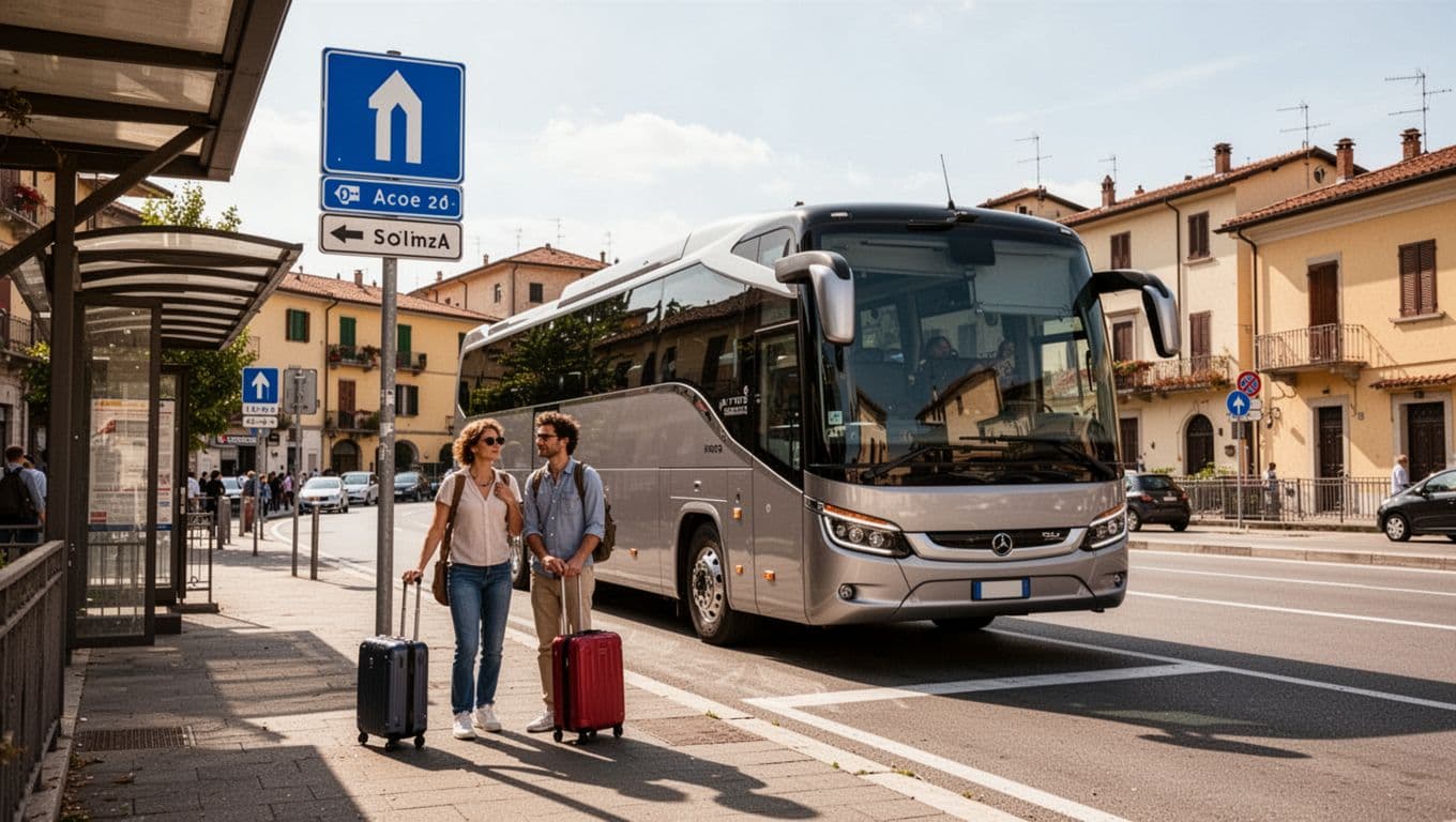 Modern FlixBus parked at crowded bus stop in Civitanova Marche street, two people with luggage waiting, residential buildings behind.