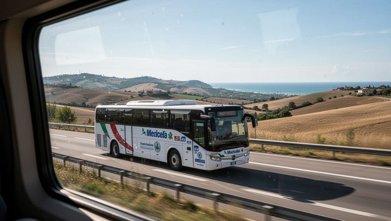 Italian regional bus speeds south on A14 highway, viewed from side window with Marche hills and Adriatic Sea in background.
