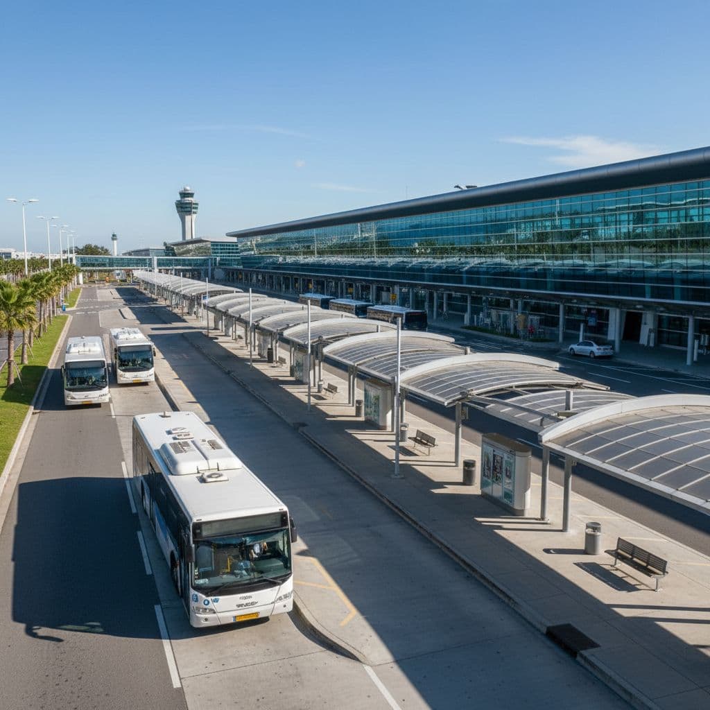 A spacious and empty modern bus terminal located outside an airport building during a bright day.