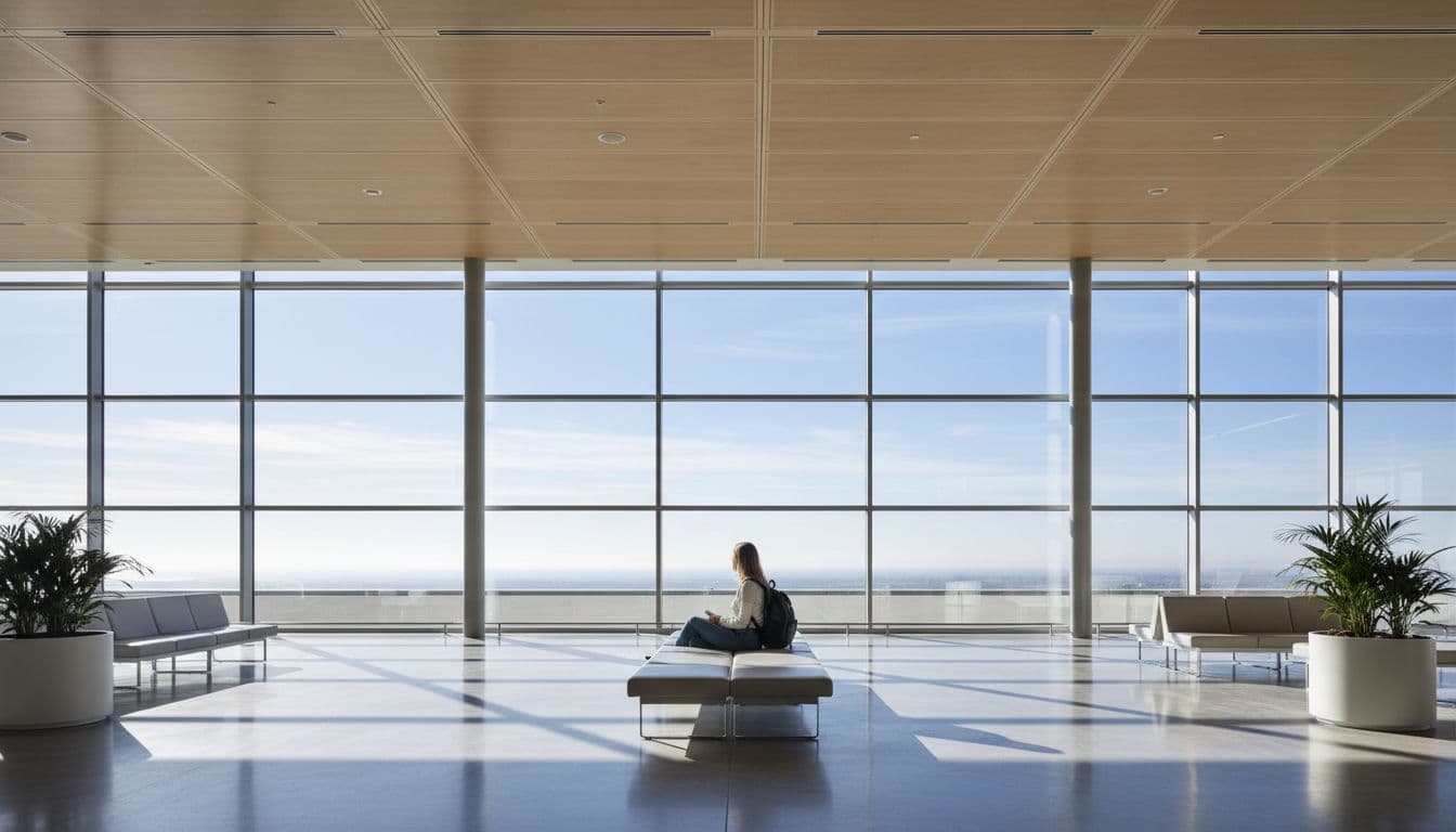Spacious light-filled airport departure hall with large windows showing sky and one seated person.