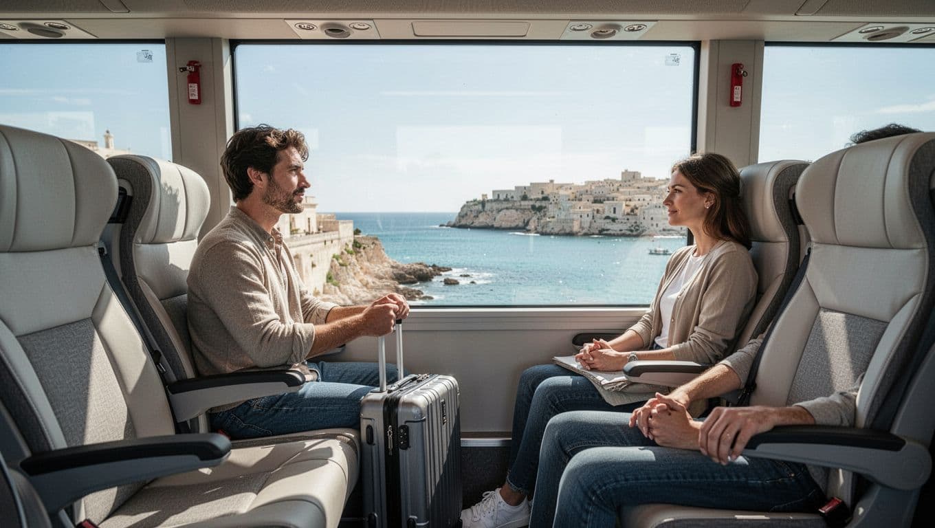 Modern bus interior with comfortable seats; passenger with hand luggage looks out window at Puglia coast, natural light.