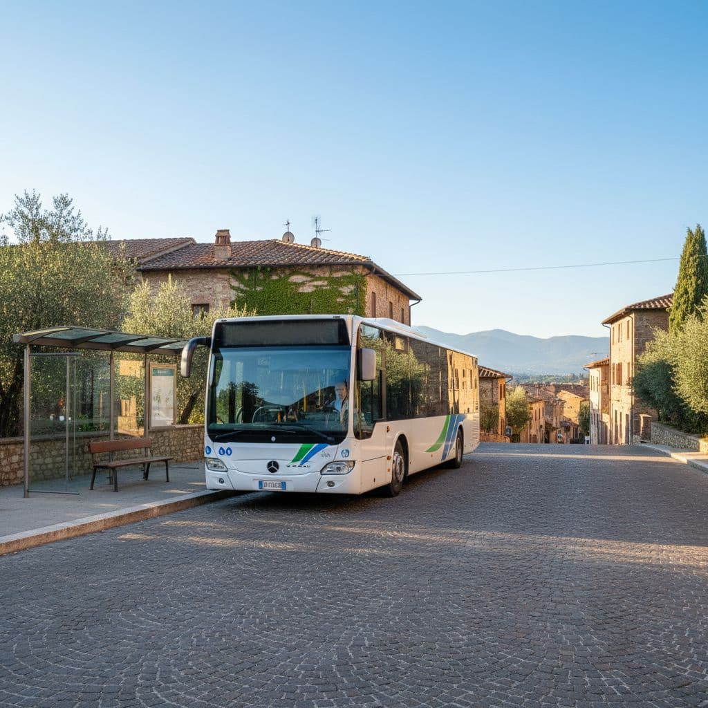 A sleek passenger bus waits at a sunlit bus stop in a quiet Italian town.