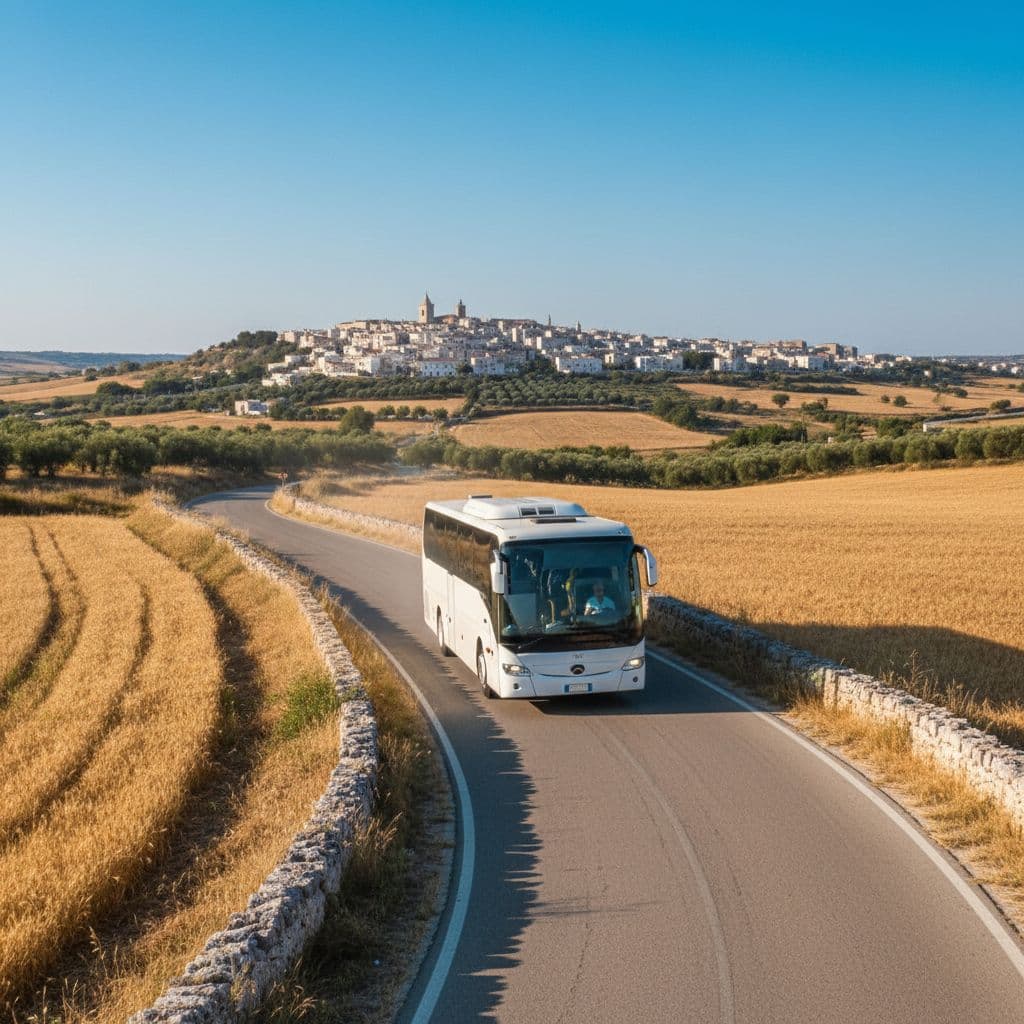 A sleek modern coach travels along a sunny, winding asphalt road bordered by lush olive groves and dry stone walls. The clear blue sky illuminates the picturesque landscape of southern Italy.