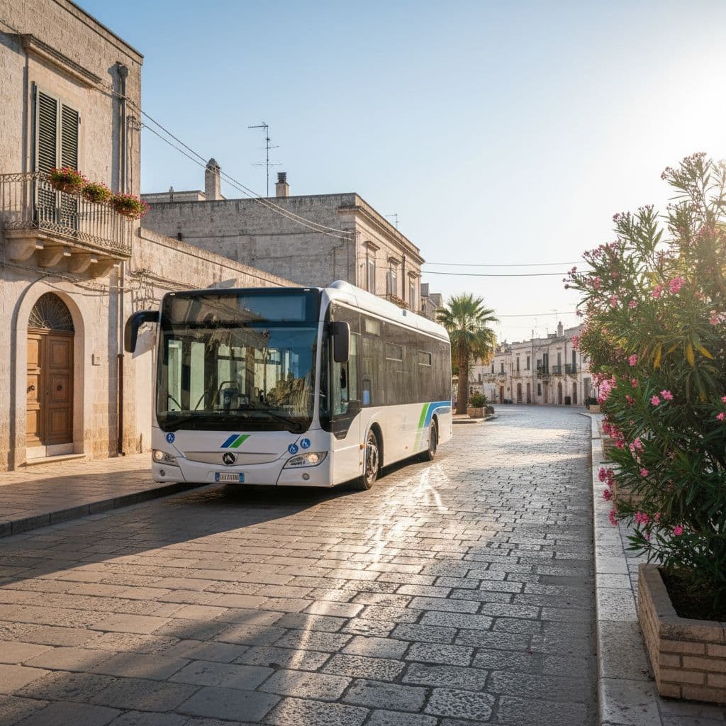 A modern bus waits at a sunny, traditional stone street in a small Puglian town.
