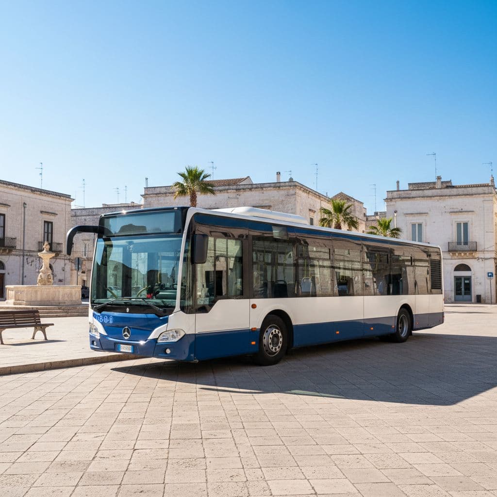 A modern public transport bus sits parked on a clean street in an urban area of Puglia.