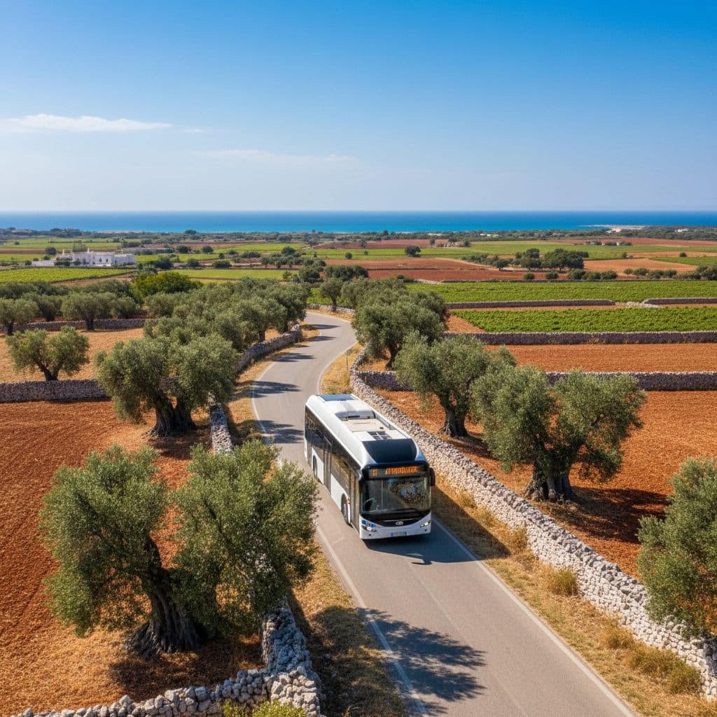 A modern bus travels along a sunlit road in Salento surrounded by olive trees and stone walls.