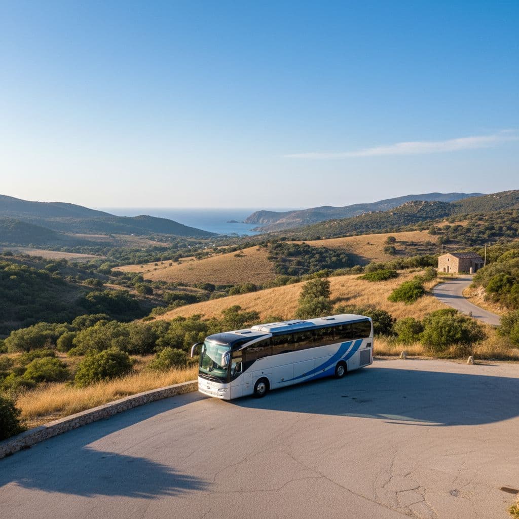 A modern bus parked at a roadside stop surrounded by sunny, rolling Sardinian hills.