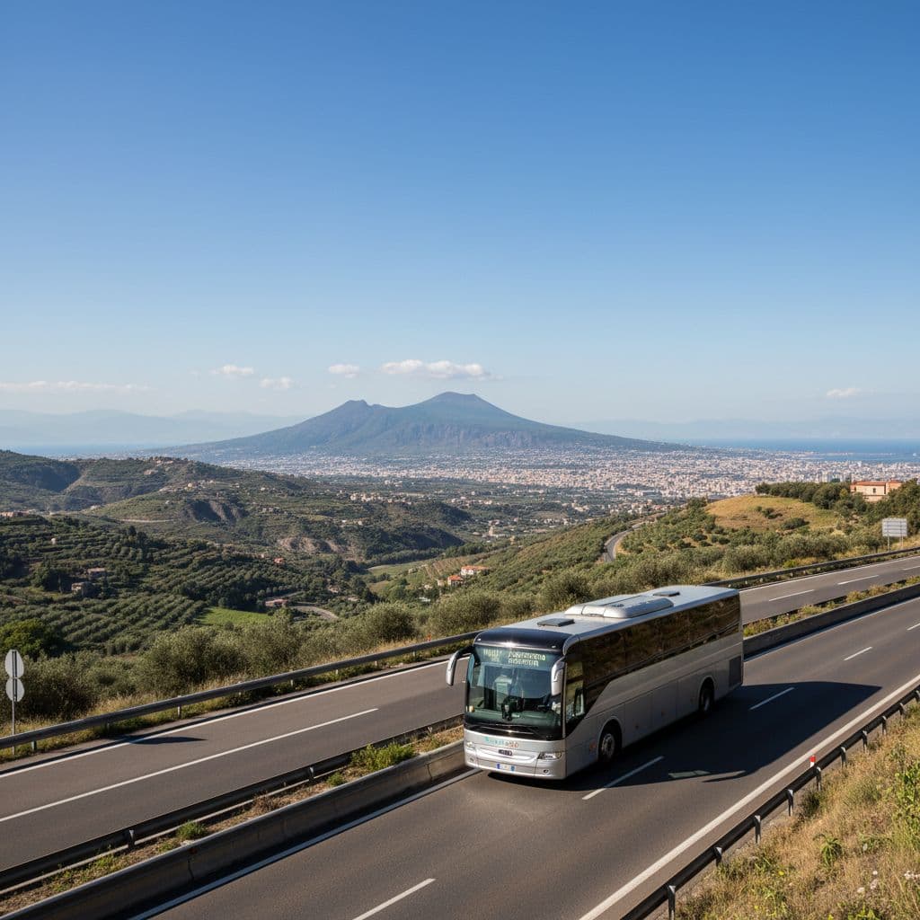 A modern passenger coach drives along a sunny highway with mountains in the background.