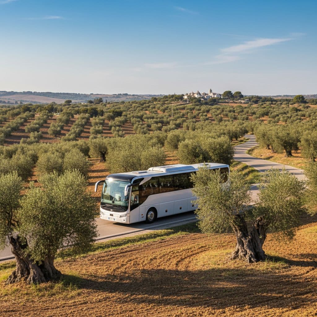 A modern bus travels along a sunlit road lined with olive trees in the Puglia countryside.