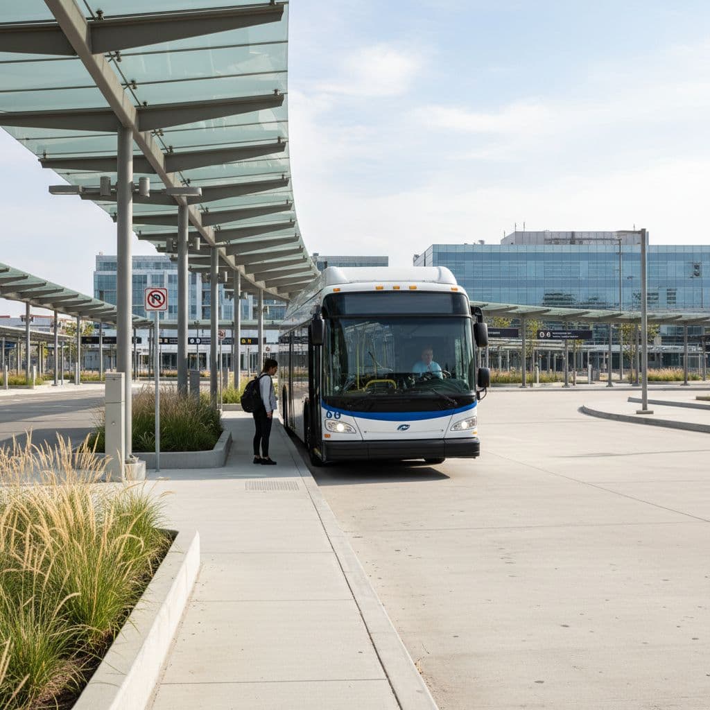 Modern public bus parked at organized urban terminal, one person visible.