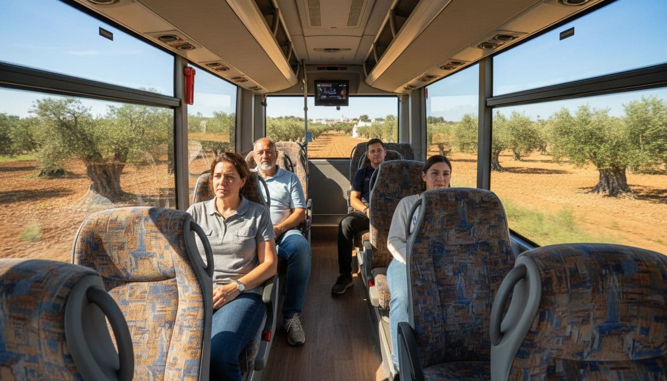 Relaxed passengers in comfortable seats look out windows at Puglian olive countryside.