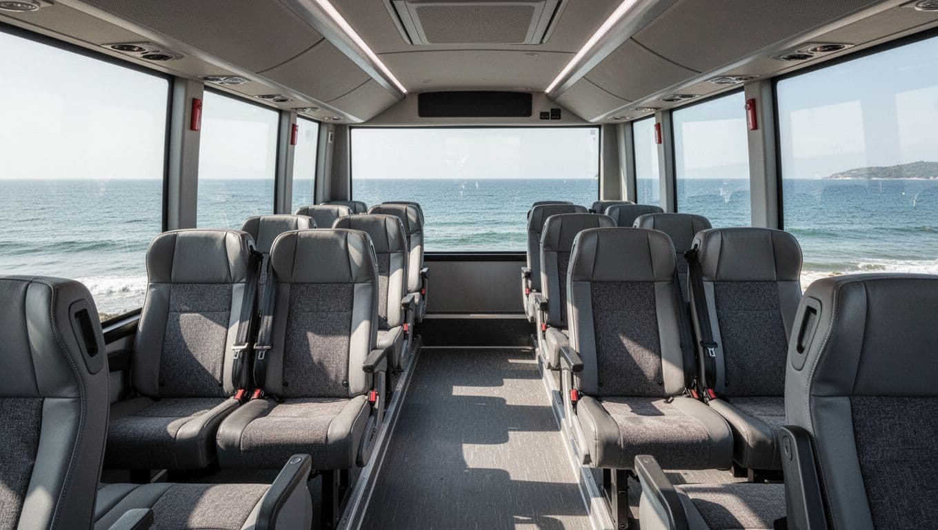 Empty modern shuttle bus with spacious seats and coastal sea views through large windows.