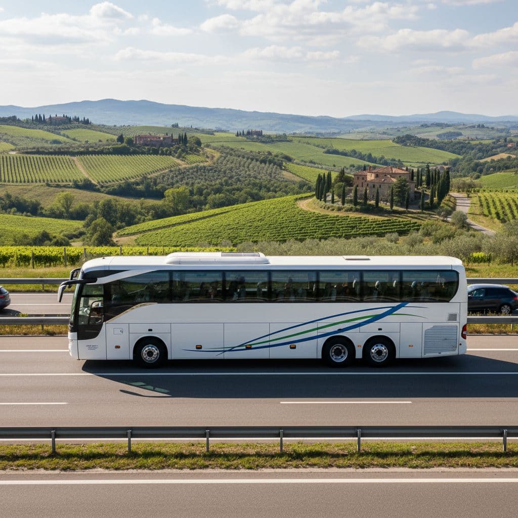 A modern tourist bus drives along an Italian highway with rolling hills in the background.