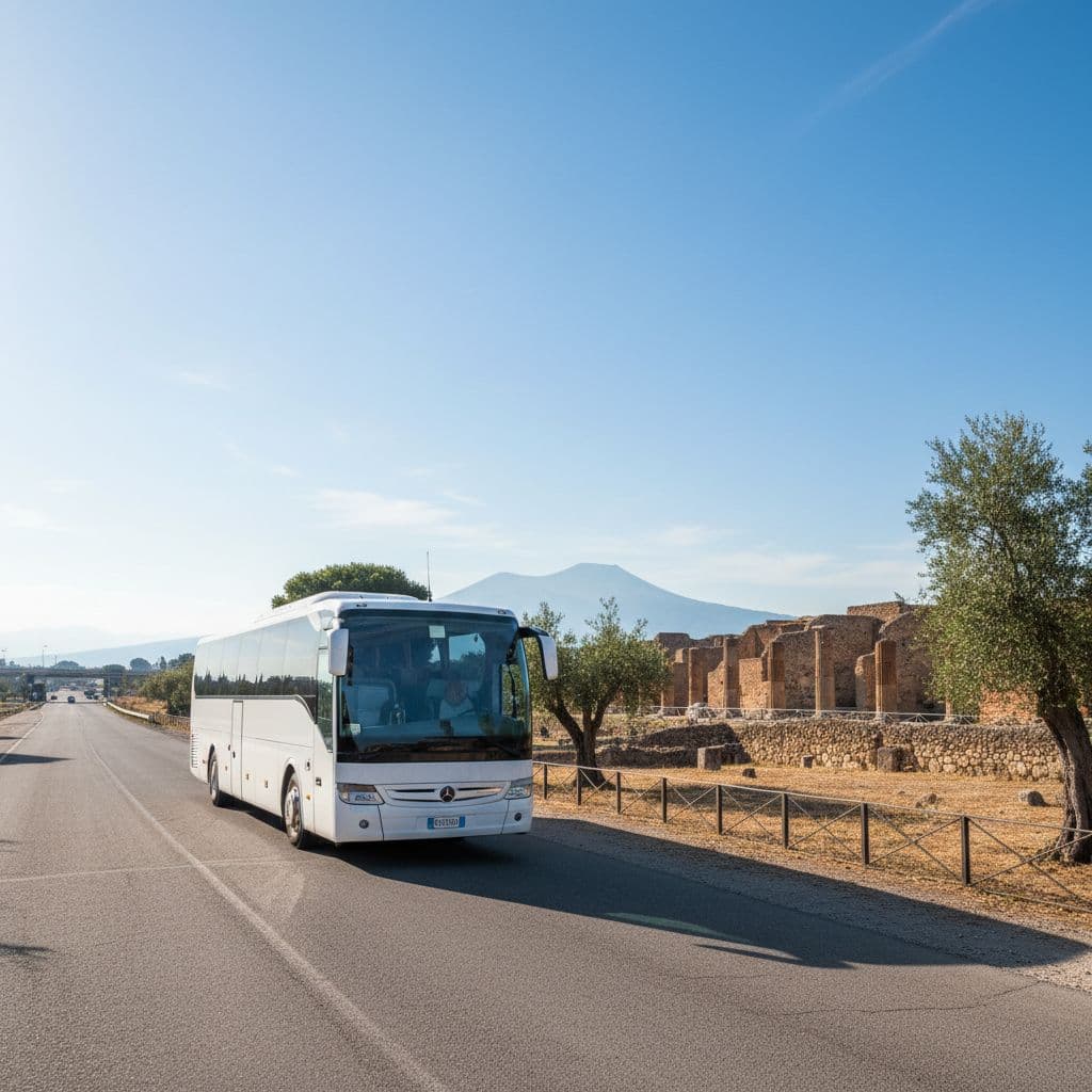 A modern tour bus is parked on a sunlit street next to an ancient archaeological site.